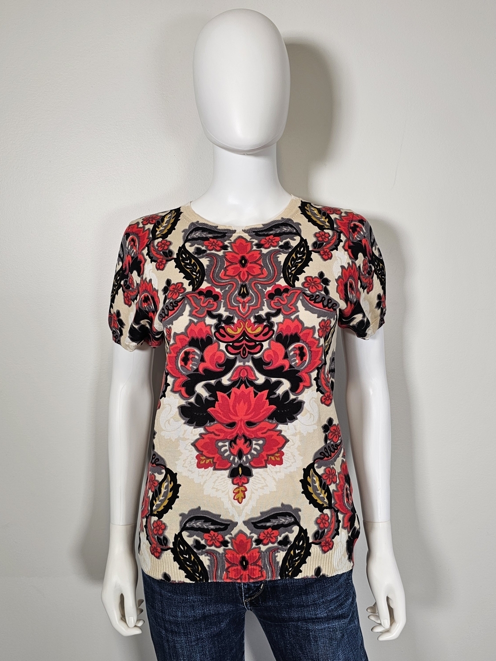 J. Crew Cream Short Sleeve Top with Red & Black Floral Motif Sz L